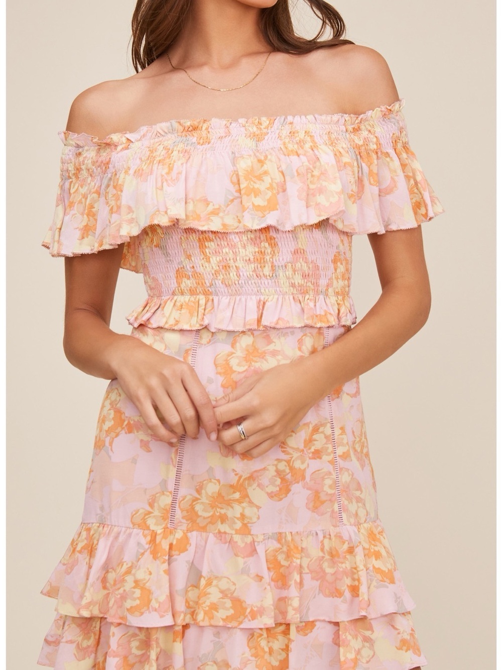 Astr the Label Smocked Ruffle Dress in Pink, Peach & Yellow Floral XS